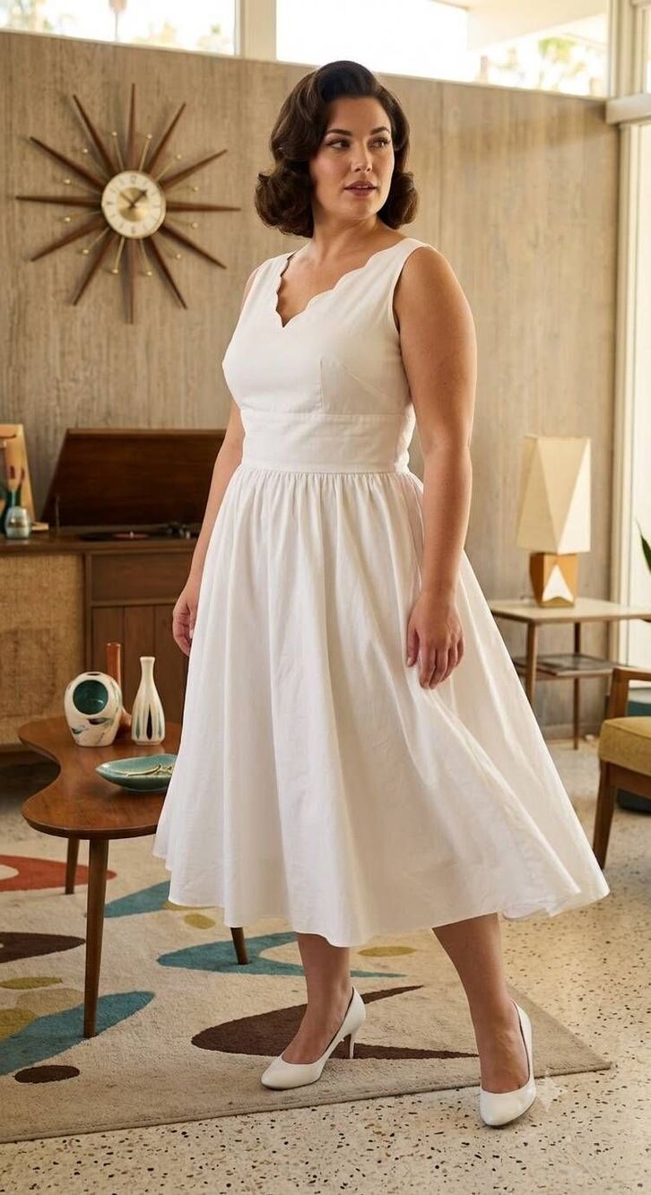 Queen of Hearts White Scalloped Swing Midi Dress 2x 50s Style Rockabilly Pin-Up